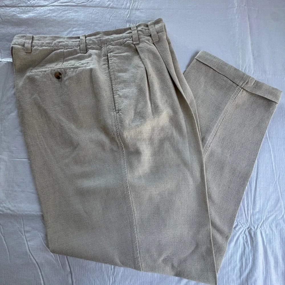 Eddie Bauer Mens 35x30 Pleated Linen Cotton Blend Cuffed Chino Pants Beige